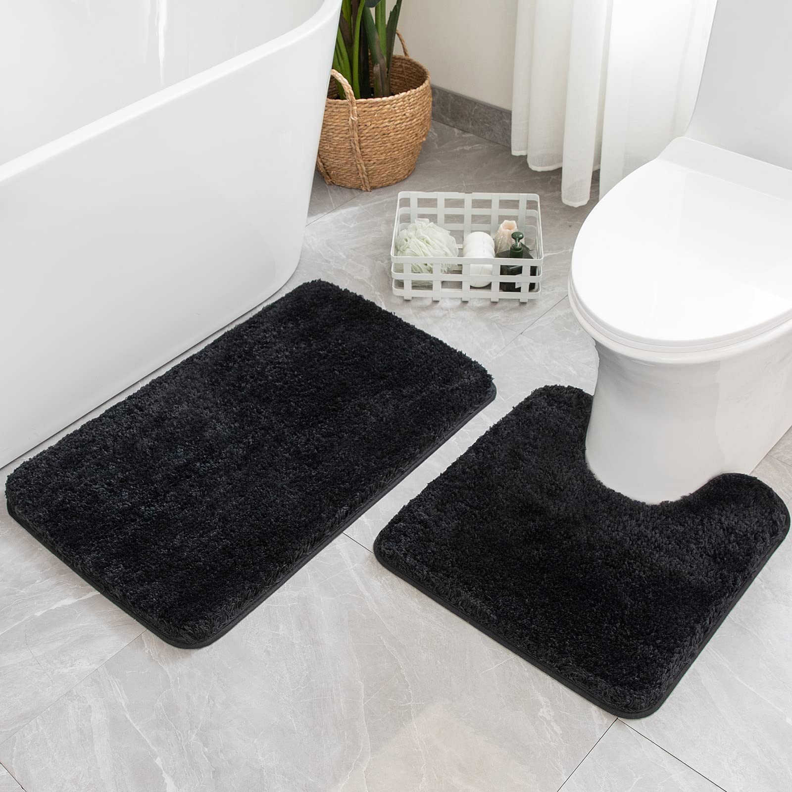 MIULEE Microfiber Bathroom Rugs and Mats Sets 2 Pieces Extra Thick Non Slip Bath Mat and U-Shaped Contour Toilet Rug for Bath Room Floor Restroom, 20"
