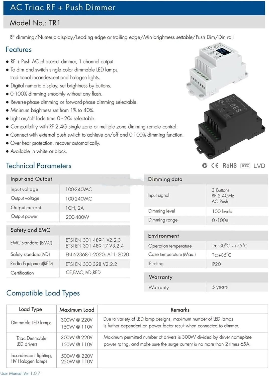 TR1 AC Triac LED Dimmer 220V 110V 2.4G Control Dimming Button Switch Light(R6 Remote Only)