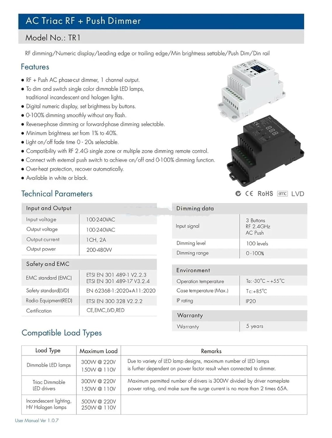 TR1 AC Triac LED Dimmer 220V 110V 2.4G Control Dimming Button Switch LED Light Dimmer Switch(RU4 Remote Only)