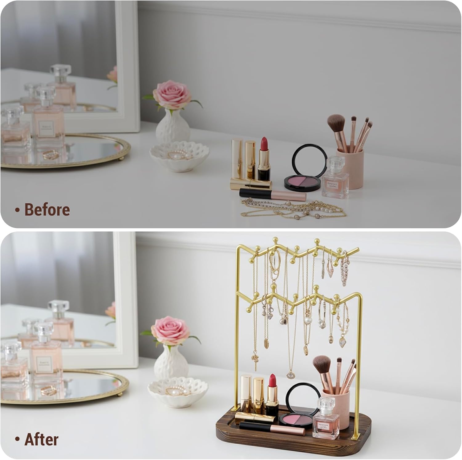 MyGift Rustic Solid Wood & Brass Tone Metal Tabletop Jewelry Organizer – Necklace, Bracelet, Earring Stand with Built-In Ring Tray
