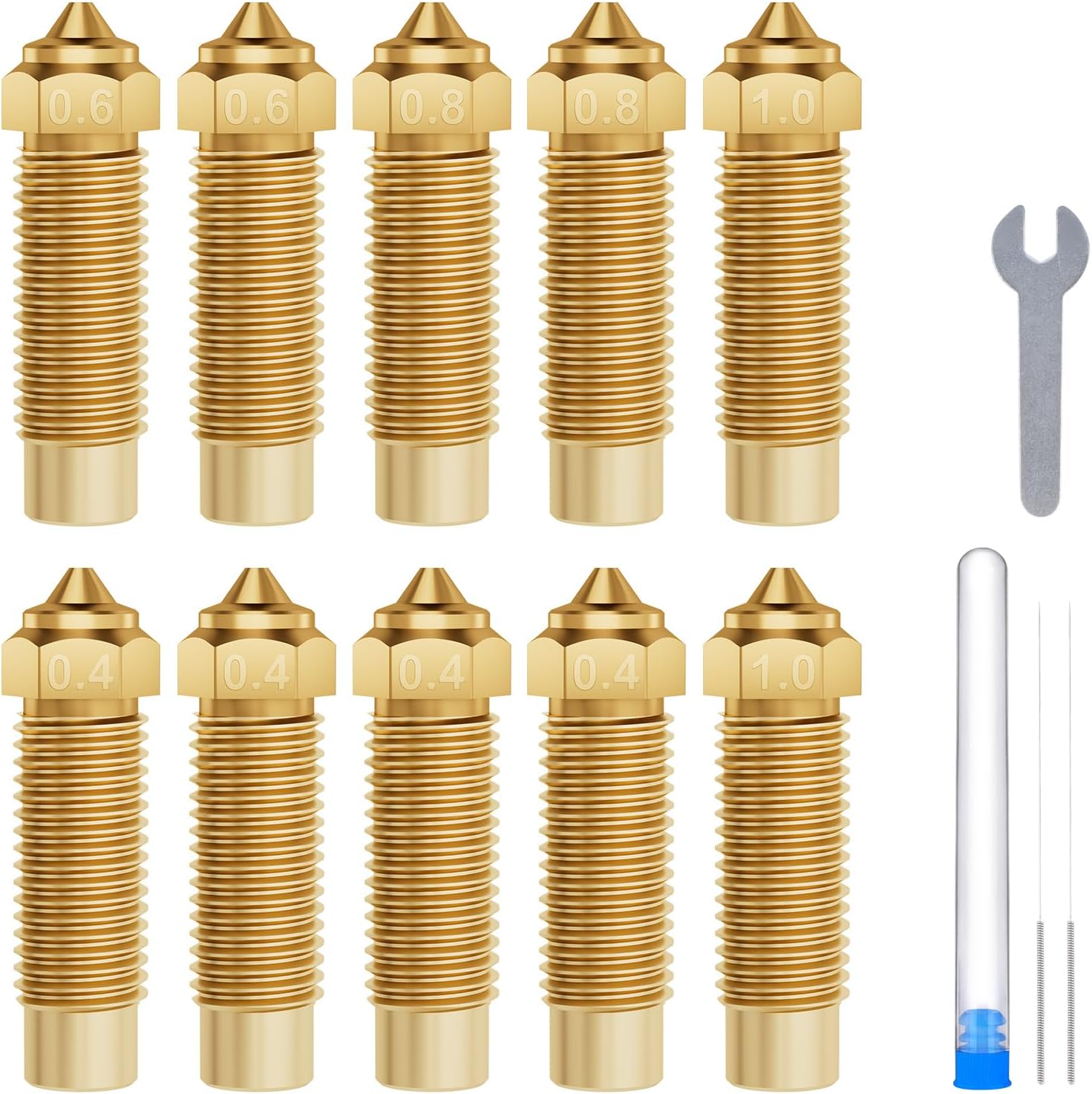 ELEGOO 10pcs Nozzles Multi Size,3D Printer Brass Hotend Nozzles 0.4mm/0.6mm/0.8mm/1.0mm with DIY Tools Fit for Neptune 4 Plus/4 MAX