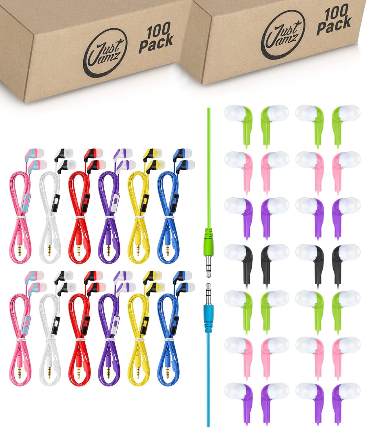 JustJamz 200-Pack Bulk Wired Earbuds: 100 Multicolored Wired Earphones (No Mic) + 100 Wired Earbuds with Microphone | Perfect for Schools, Classrooms, Libraries, Kids, Teens, and Bulk Events