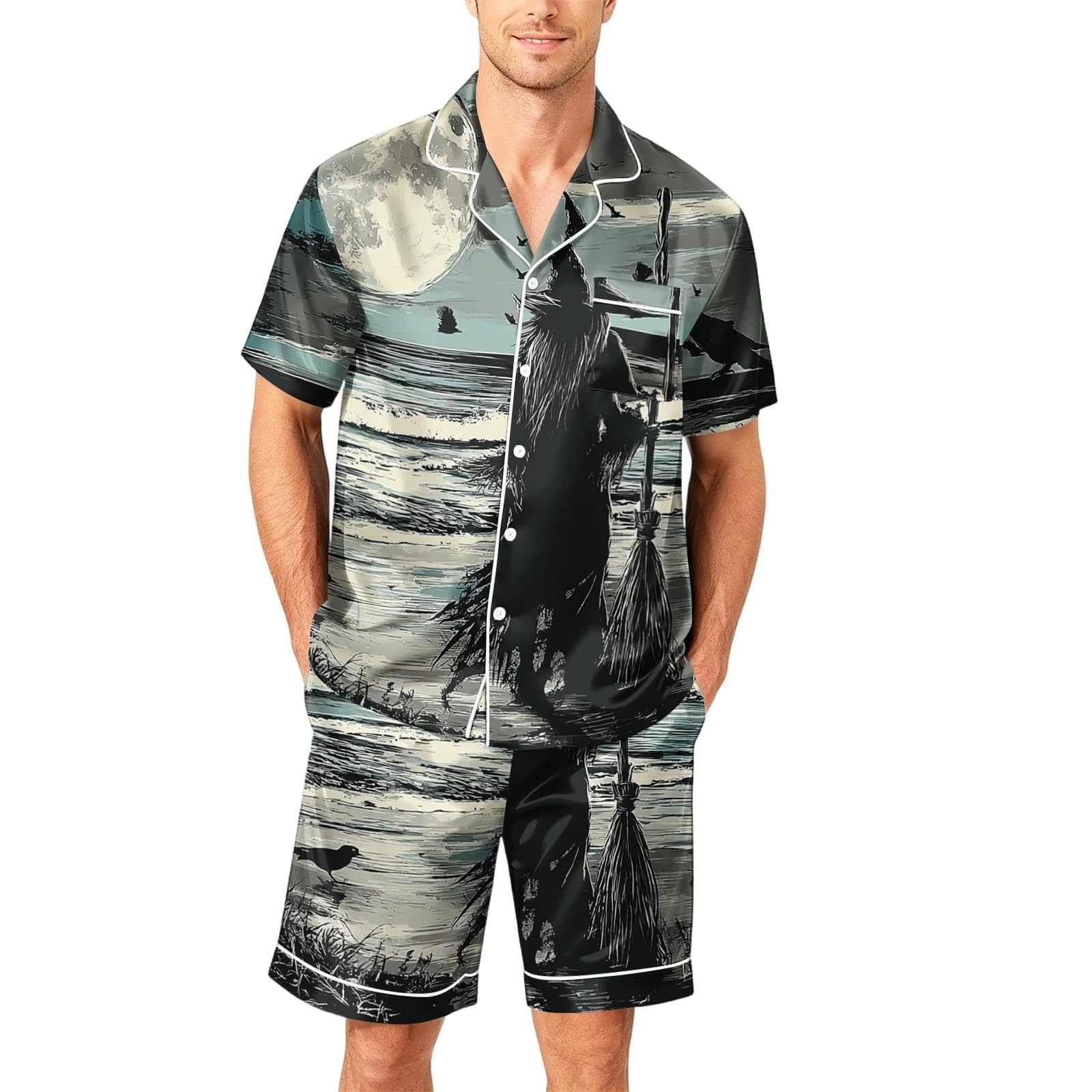 Generisch Pijama deportivo para hombre de manga corta con botones y pantalones cortos con estampado gótico, juego de ropa de dormir y ropa de dormir de 2 piezas para las vacaciones, pijama para hombre