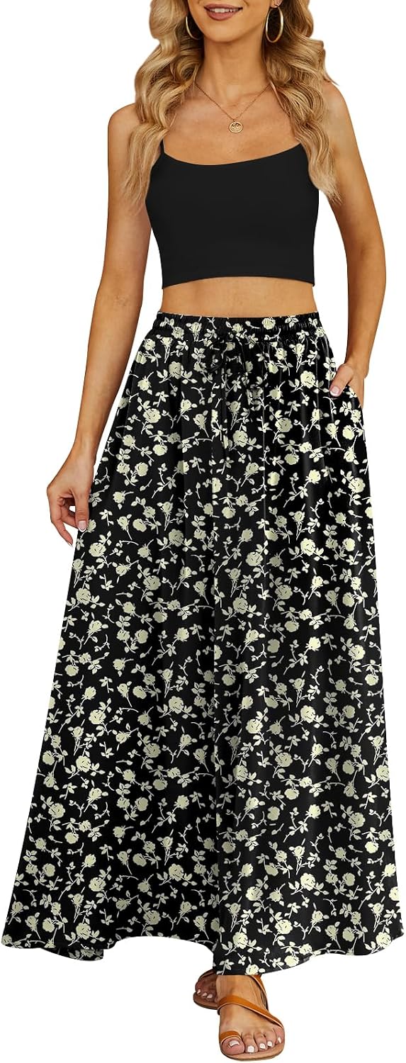 Women's Flowy Maxi Skirt Summer Pleated High Waisted Casual Long Skirts with Pockets thumbnail