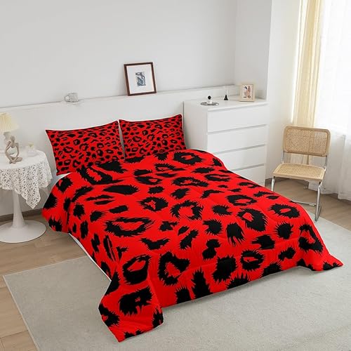Miniatura 3 de Erosebridal Juego de edredón con estampado de guepardo, edredón de plumón de leopardo rojo y negro para dormitorio de niños y niñas, juego de ropa