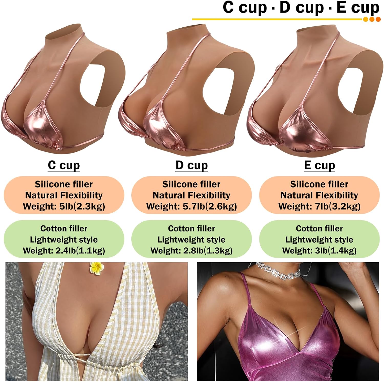 Silicone Breastplate for Crossdressers Drag Queens - Warm Brown Color, Full Cup Sizes C/D/E/G/K/Z