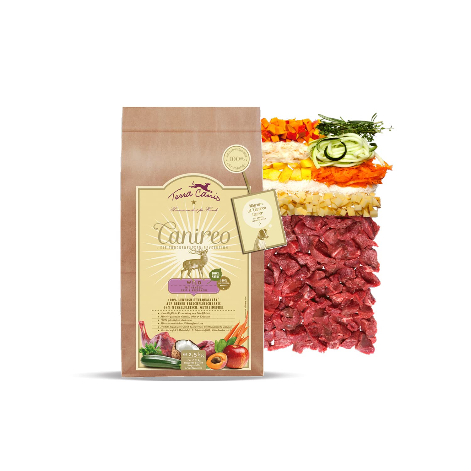 Terra Canis Selvaggina, verdure, frutta e farina di cocco - Canireo cibo secco, 2.5kg I Alimento premium per cani con ingredienti di autentica qualità human-grade al 100% I 64% di carne fresca