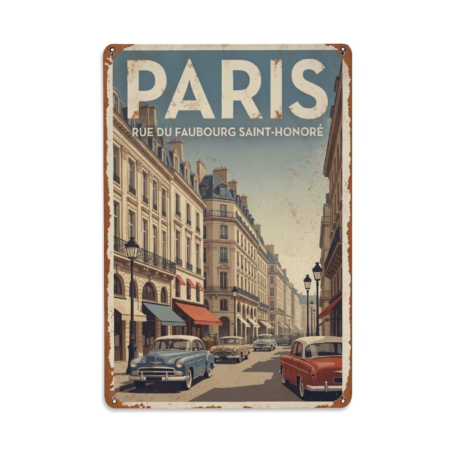 Vintage Travel Paris Rue Du Faubourg Saint-Honoré Rusted France Metal Tin Sign Plaque Wall Decor for Cafe, Club Bar, Office, Home Garden Metal Poster 8x12Inch