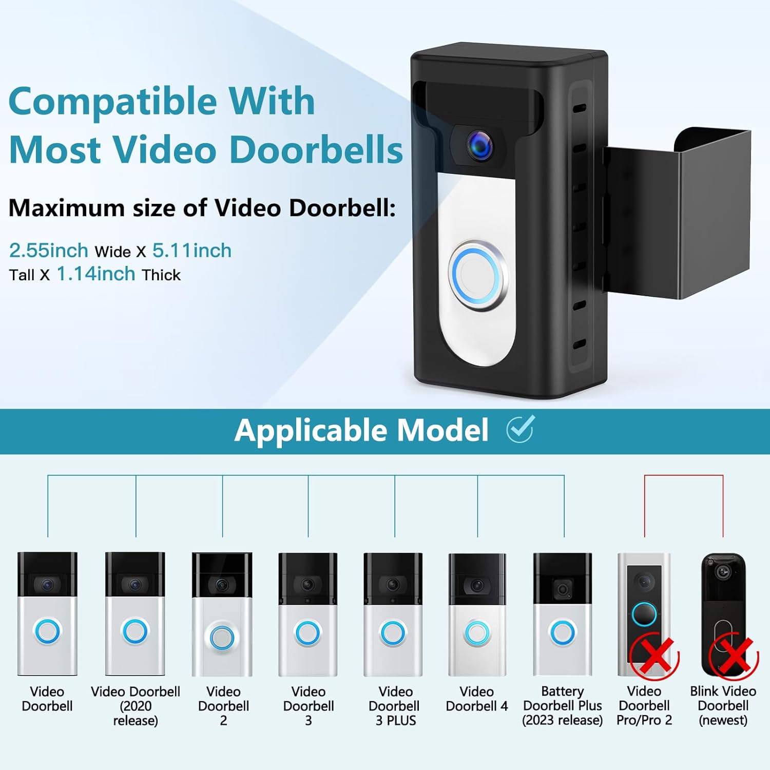 Diagram showing compatible video doorbell models and maximum dimensions