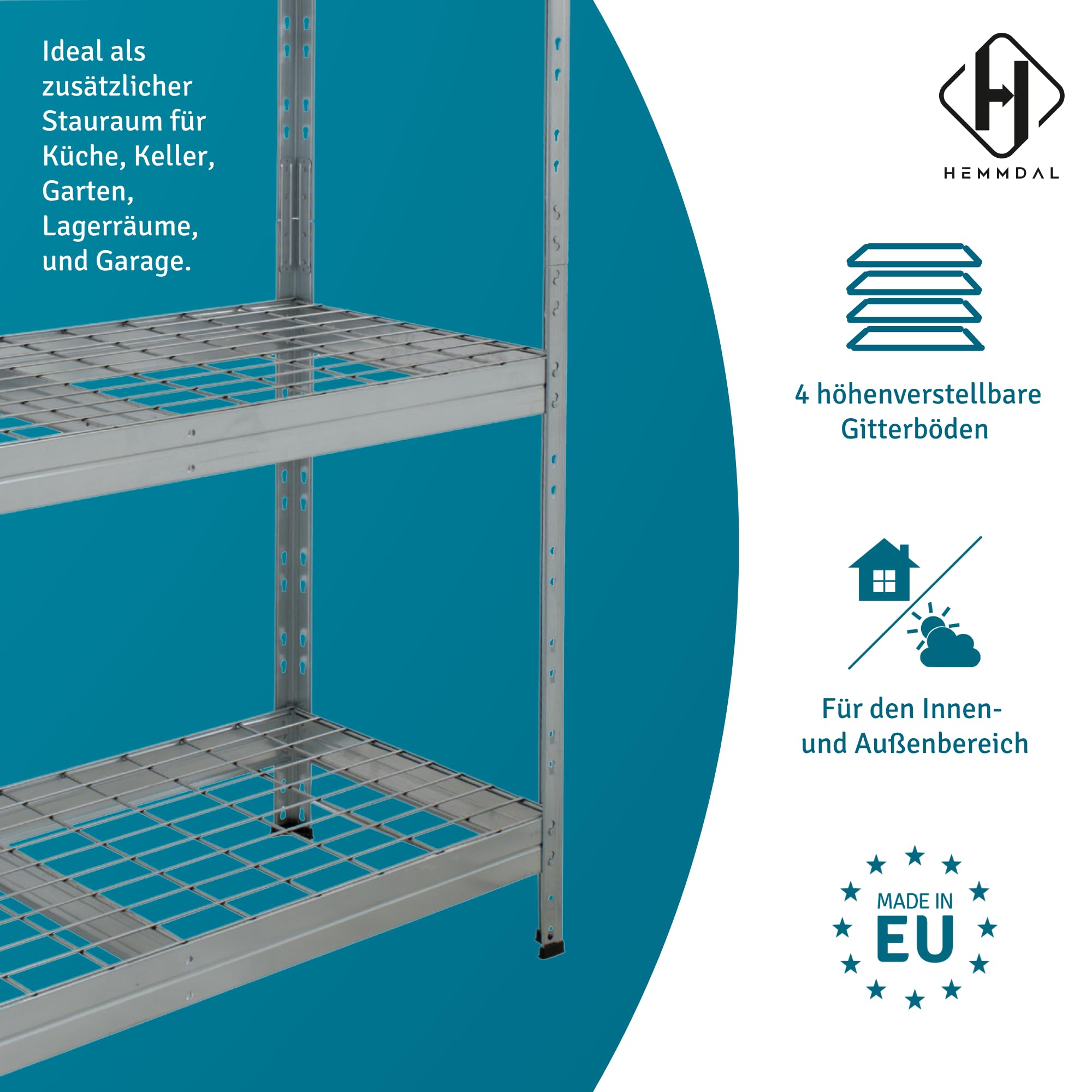 HEMMDAL Outdoor-Weitspannregal - 1.200 kg Tragkraft - HxBxT 180 x 120 x 45 cm - Steckregal mit 4 höhenverstellbaren Böden - 400 kg max. Fachlast - TÜV geprüft - Schwerlastregal aus verzinktem Stahl