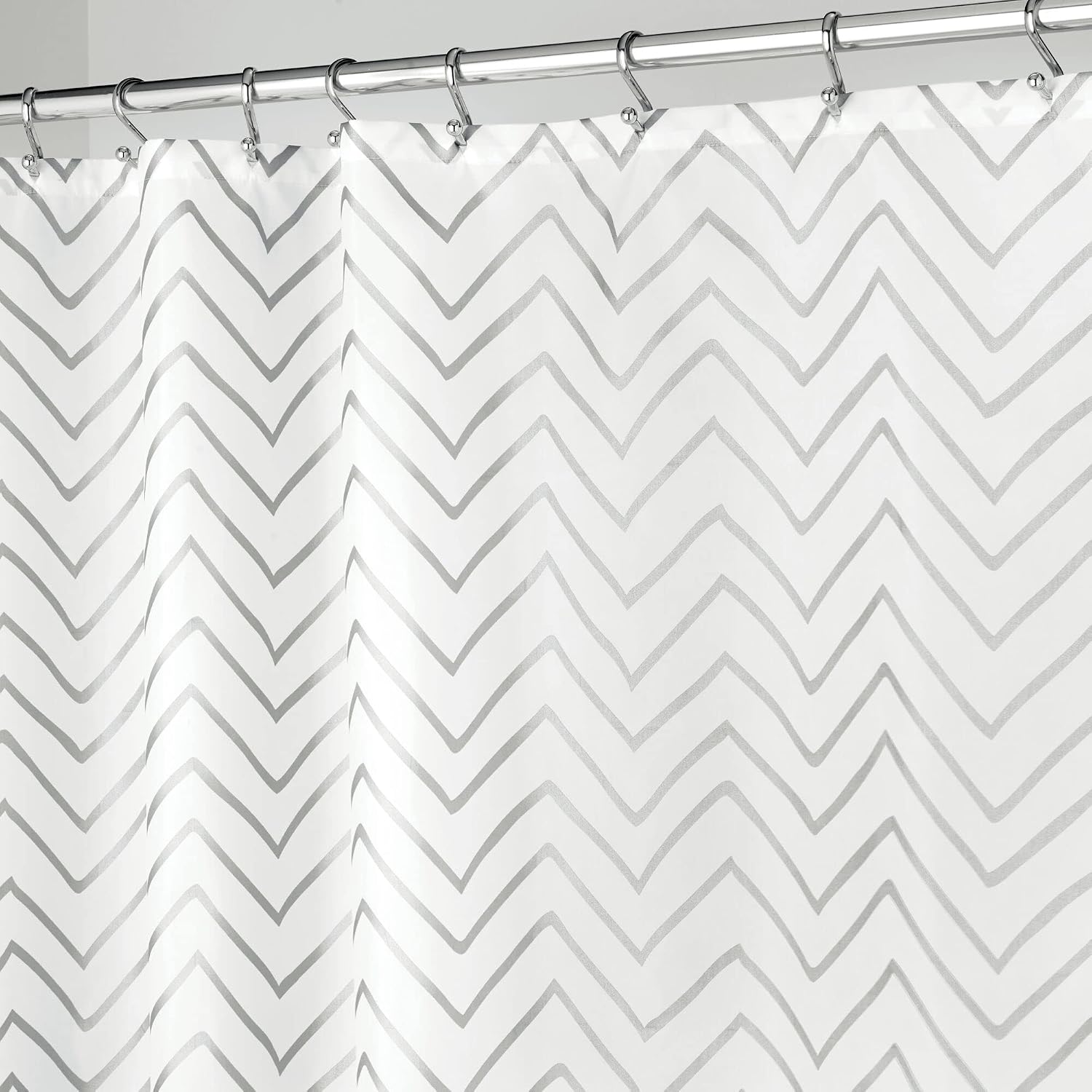 mDesign Long Decorative Metallic Pattern, Water Repellent, Fabric Shower Curtain for Bathroom Showers and Stalls, Machine Washable - Chevron Zig-Zag Print, 72" x 72" - White/Silver