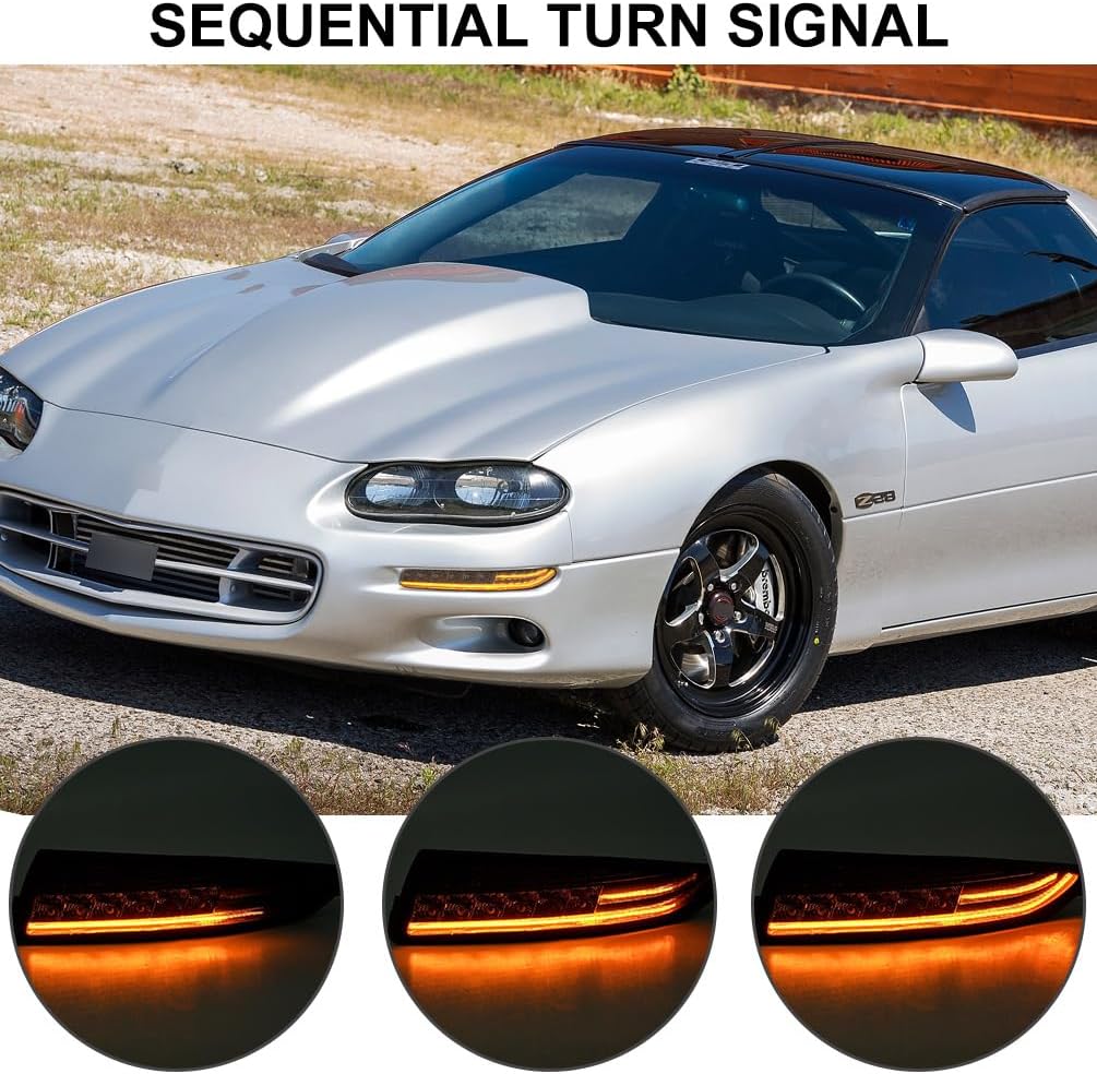 LED Side Marker Lamps for Chevy Camaro 1993-2002 Sequential Turn Signal Light Smoked Lens Switchbck Corner DRL Running Parking Lights OEM 5978551 5978552