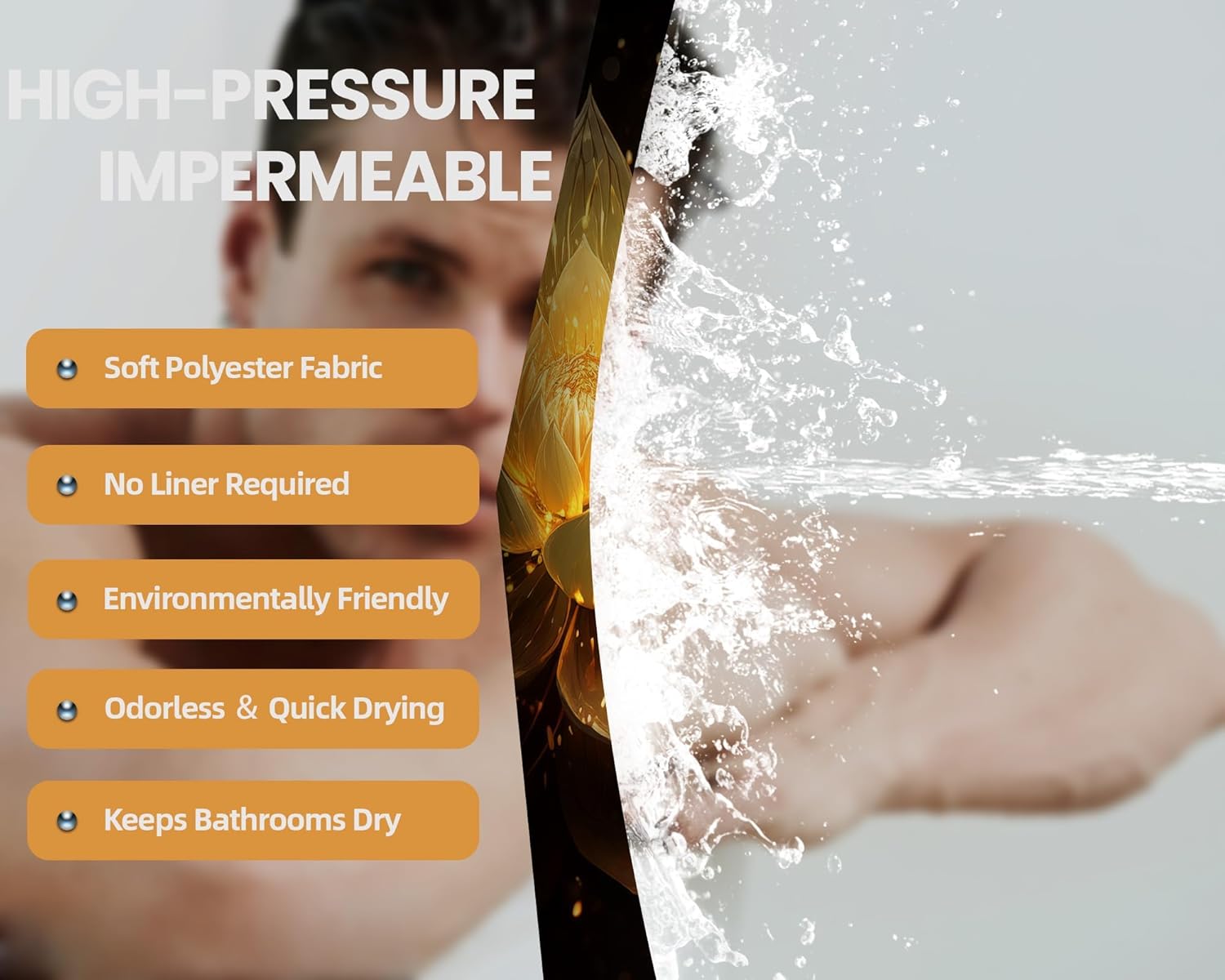 Black and Gold Shower Curtain Yellow Golden Lotus Flower Shower Curtains for Bathroom Decor Sets, Waterproof Cloth Fabric with Hooks, 70x84in