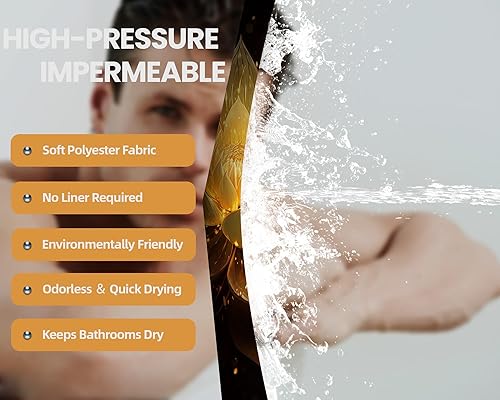 Miniatura 6 de Cortina de ducha negra y dorada con flores de loto amarillo dorado para juegos de decoración de baño, tela impermeable con ganchos, 70 x 72 pulgadas