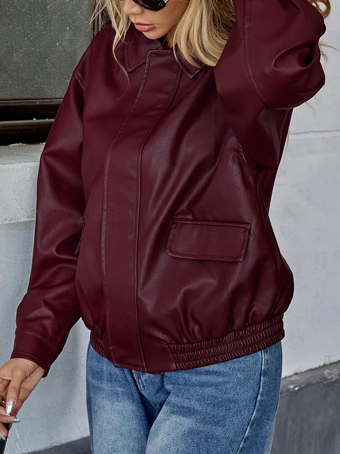 WOWULOVELY Women's Faux Leather Jacket Trendy Bomber Motorcycle Zip Up Coats Oversized Fall Fashion Outfits Winter Outerwear - Image 6