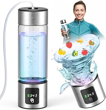 Hydrogen Water Bottle Generator, Up to 6000 PPB SPE-PEM 460ml Borosilicate Glass, Leak-Proof, LED Display, USB Rechargeable, with Inhalation Tube Portable Hydro Water Maker for Home, Gym & Travel
