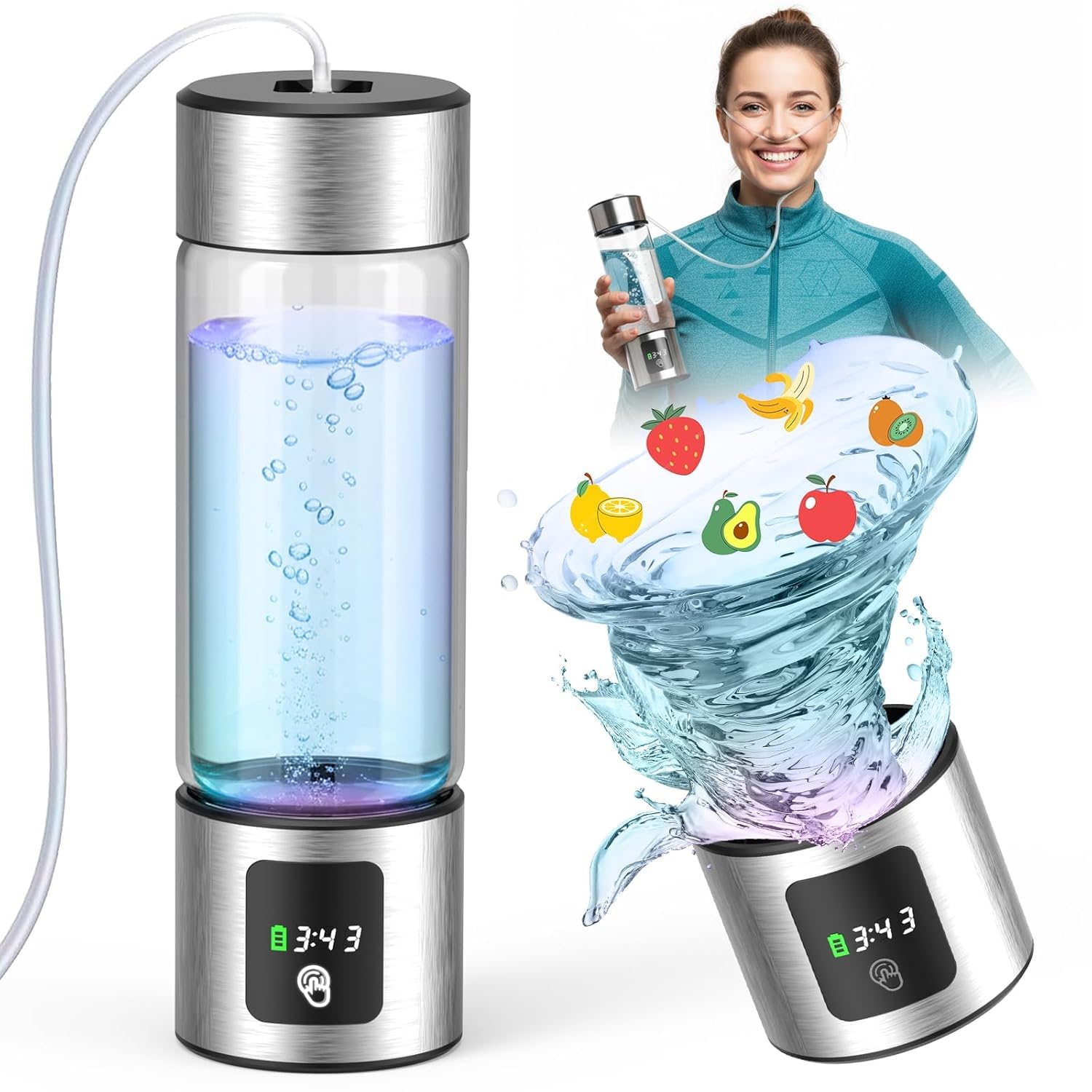 Hydrogen Water Bottle Generator, Up to 6000 PPB SPE-PEM – 460ml Borosilicate Glass, Leak-Proof, LED Display, USB Rechargeable, with Inhalation Tube – Portable Hydro Water Maker for Home, Gym & Travel