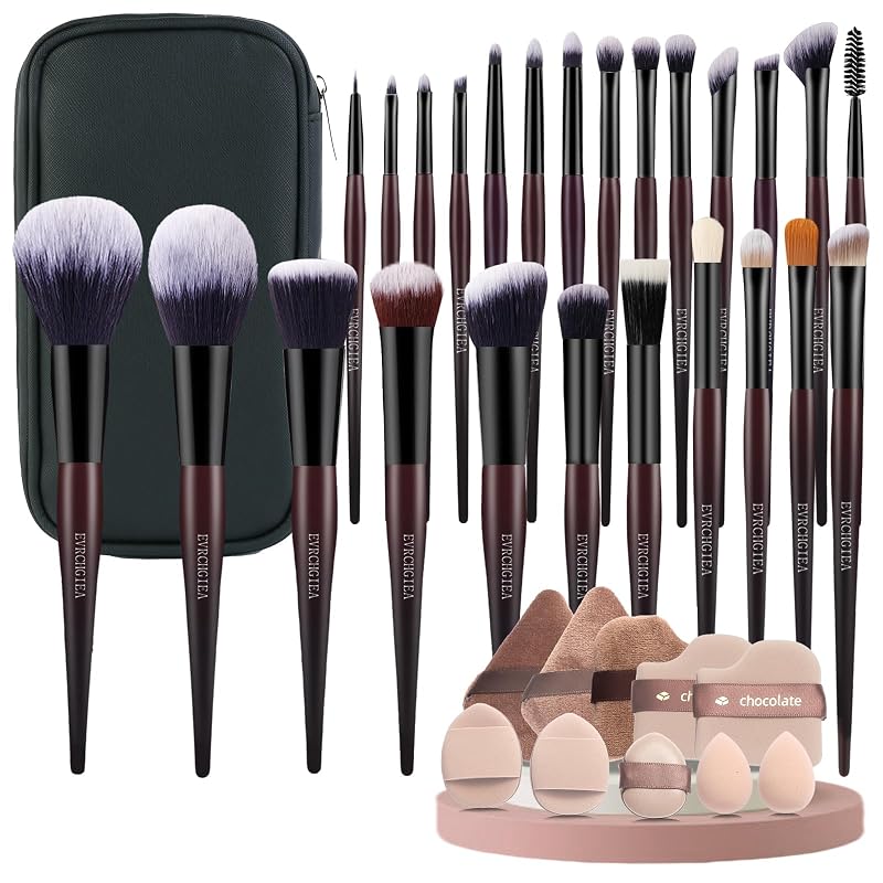 Kit de pincéis de maquiagem EVRCHGIEA com 25 pincéis, 10 esponjas e estojo de viagem, preto