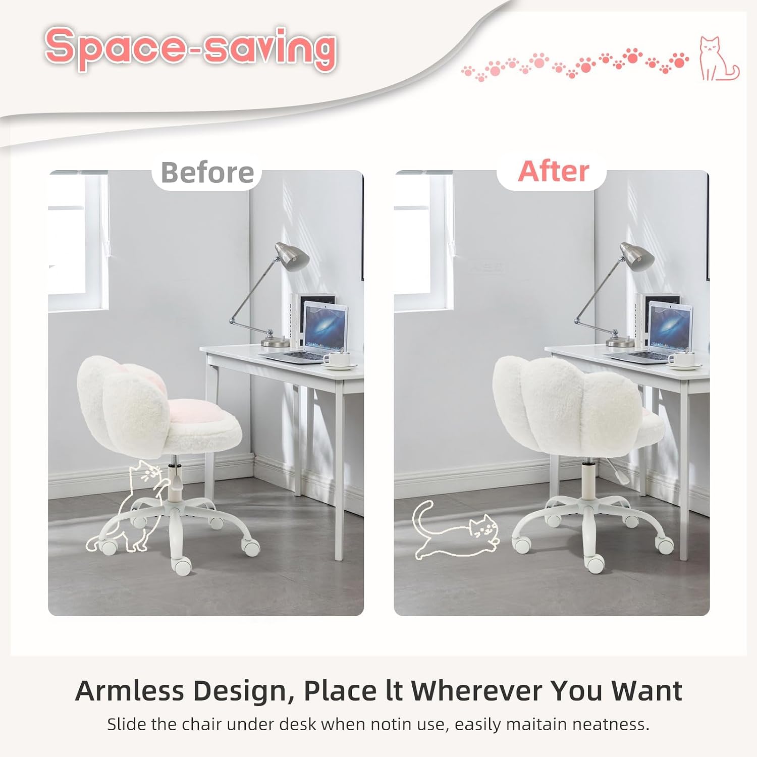 Vanity Chair with Cat Back,Office Chair with Wheels,360°Rotating Height Adjustable Armless Chair in Vibrant Color-Blocking,Small Desk Chair,Plush Cushion for Bedroom,Make-Up Room Home Office，White