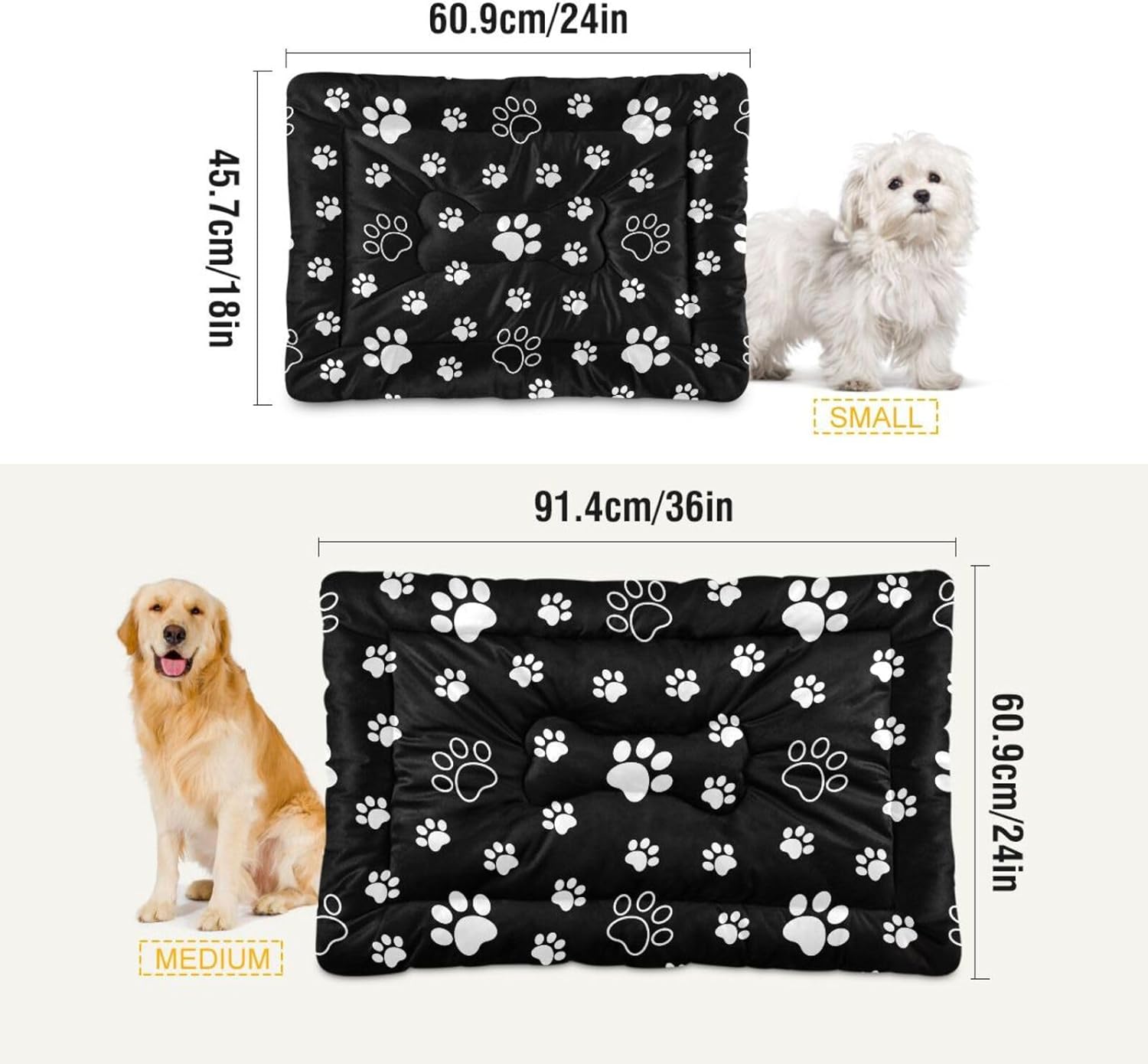 review White-paw-Print-Black Warm Dog Crate Bed Mat, Soft Pet Sleeping Mat Dog Bed for Crate Suitable for Small Dogs Cats, Machine Washable Dog Mattress, Anti-Slip 24