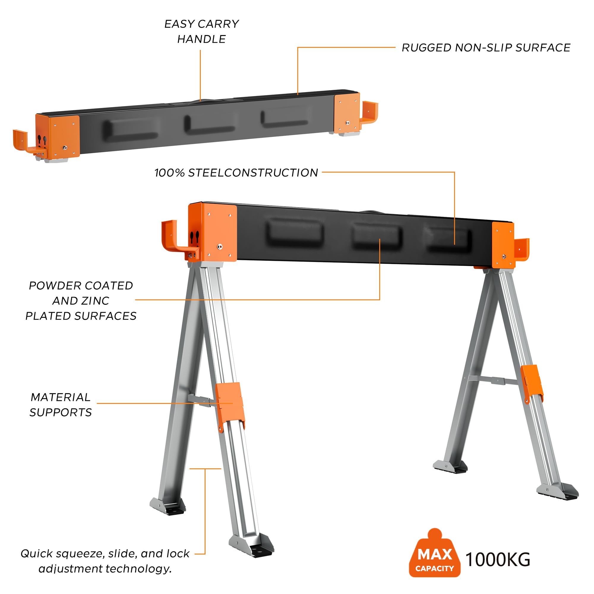 Juego de 2 caballete de trabajo de metal plegable de hasta 1000 kg, caballete móvil para carpintería, construcción, bricolaje, taller