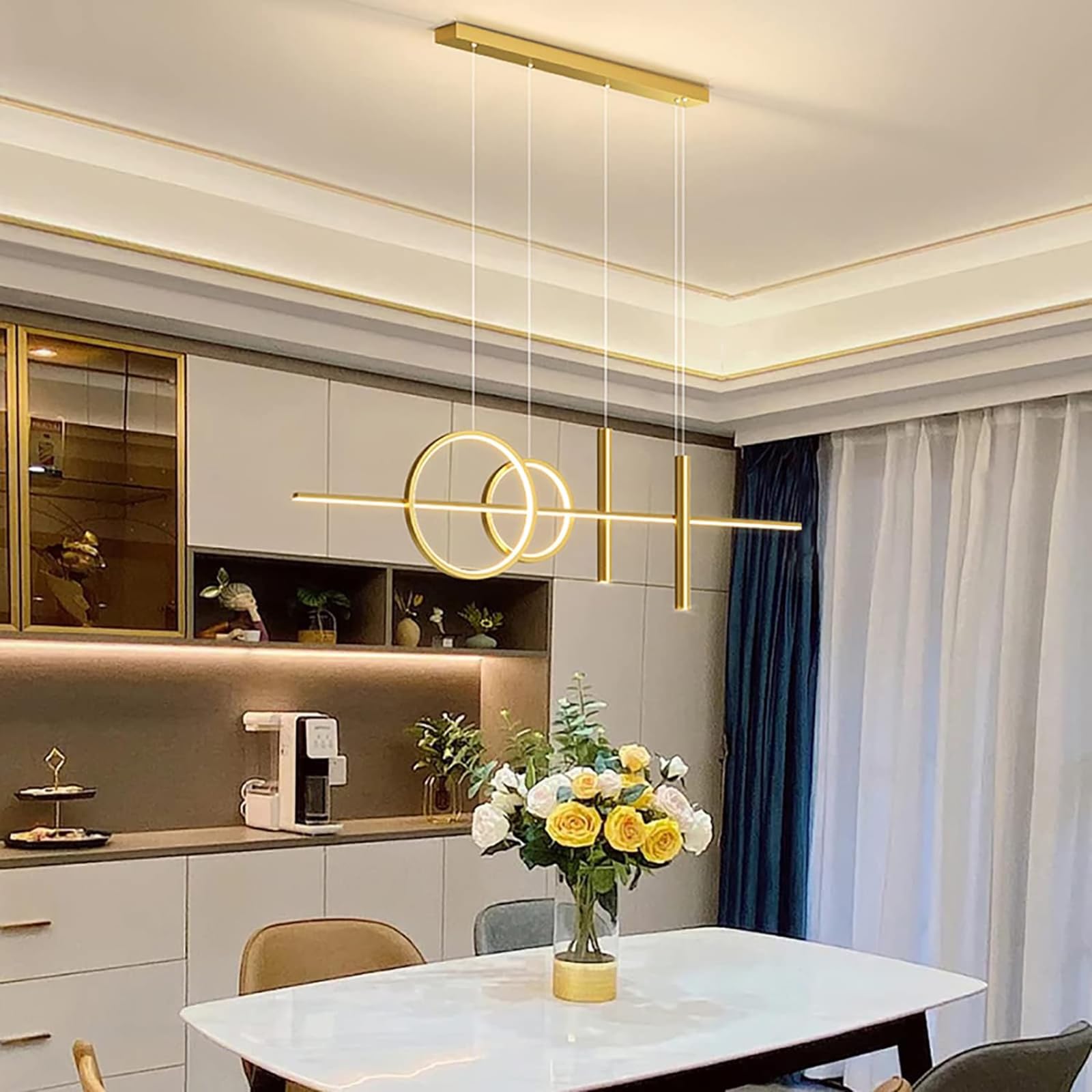 HYJAUSXB Modern Led Pendant Light For Kitchen Island With Spotlight,adjustable Hanging Fixture,dimmable Linear Chandelier Dining Room Livingroom(100cm/39, Gold)