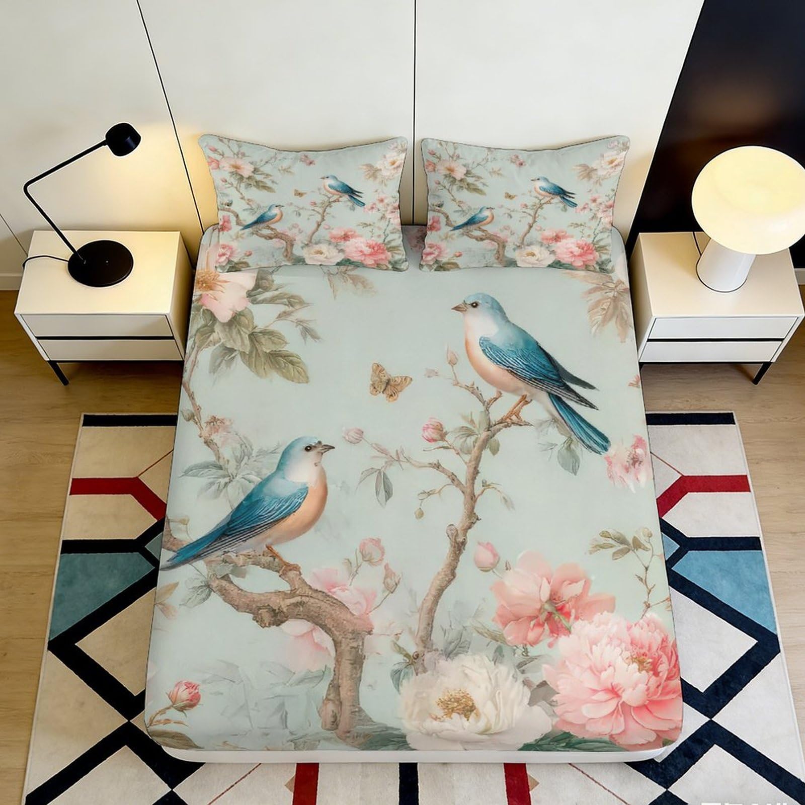 3D Printed Bird Floral Fitted Sheet Microfiber Deep Pocket Elastic Hem Bedroom Bedding Bird Pattern Mattress Fitted Cover Washable 200x200x25cm