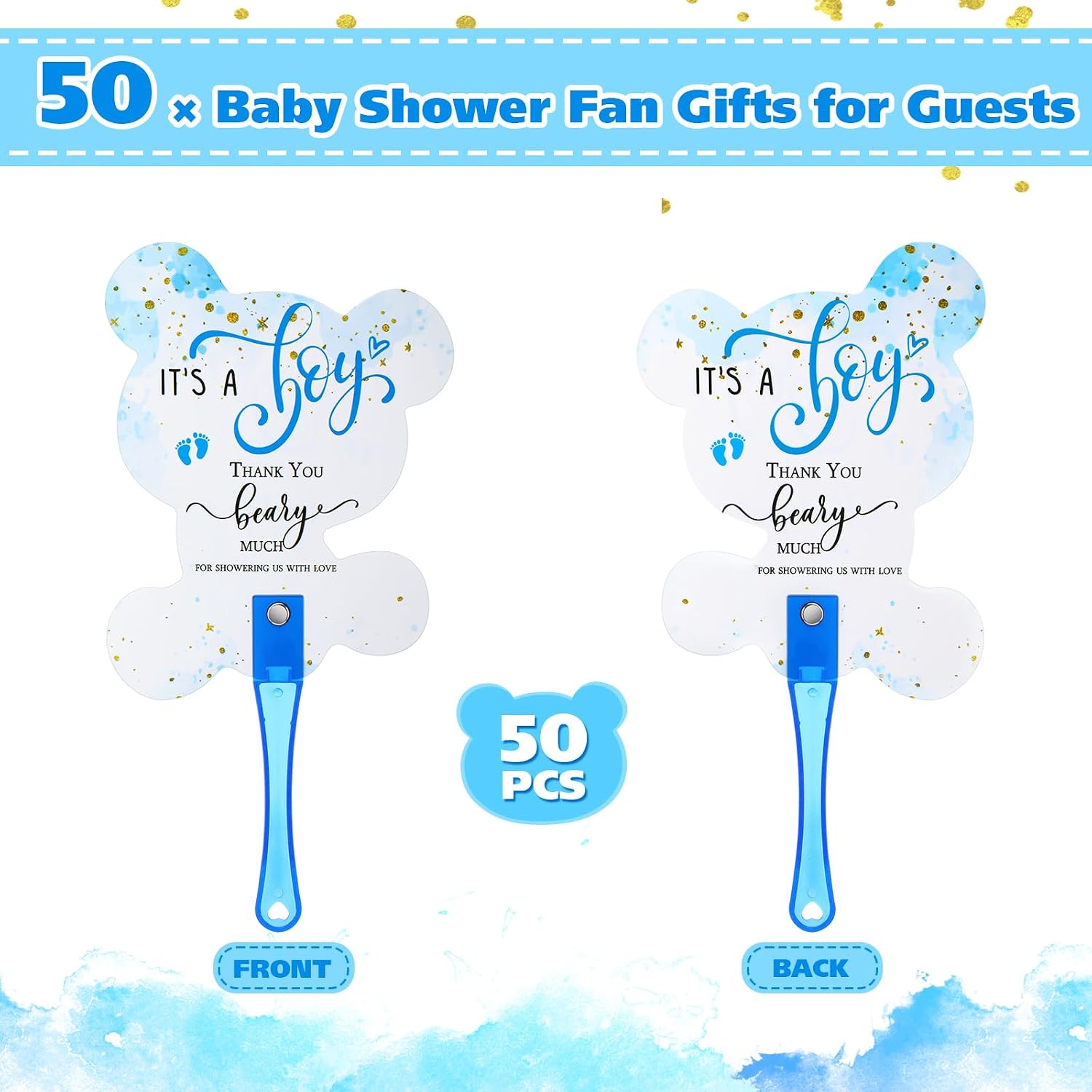 Cinnvoice 50 Pcs Baby Shower Favors for Guests Fans Party Supplies Hand Plastic Handheld Fans Baby Shower Party Decor for Gender Reveal Gifts(Blue,Bear)