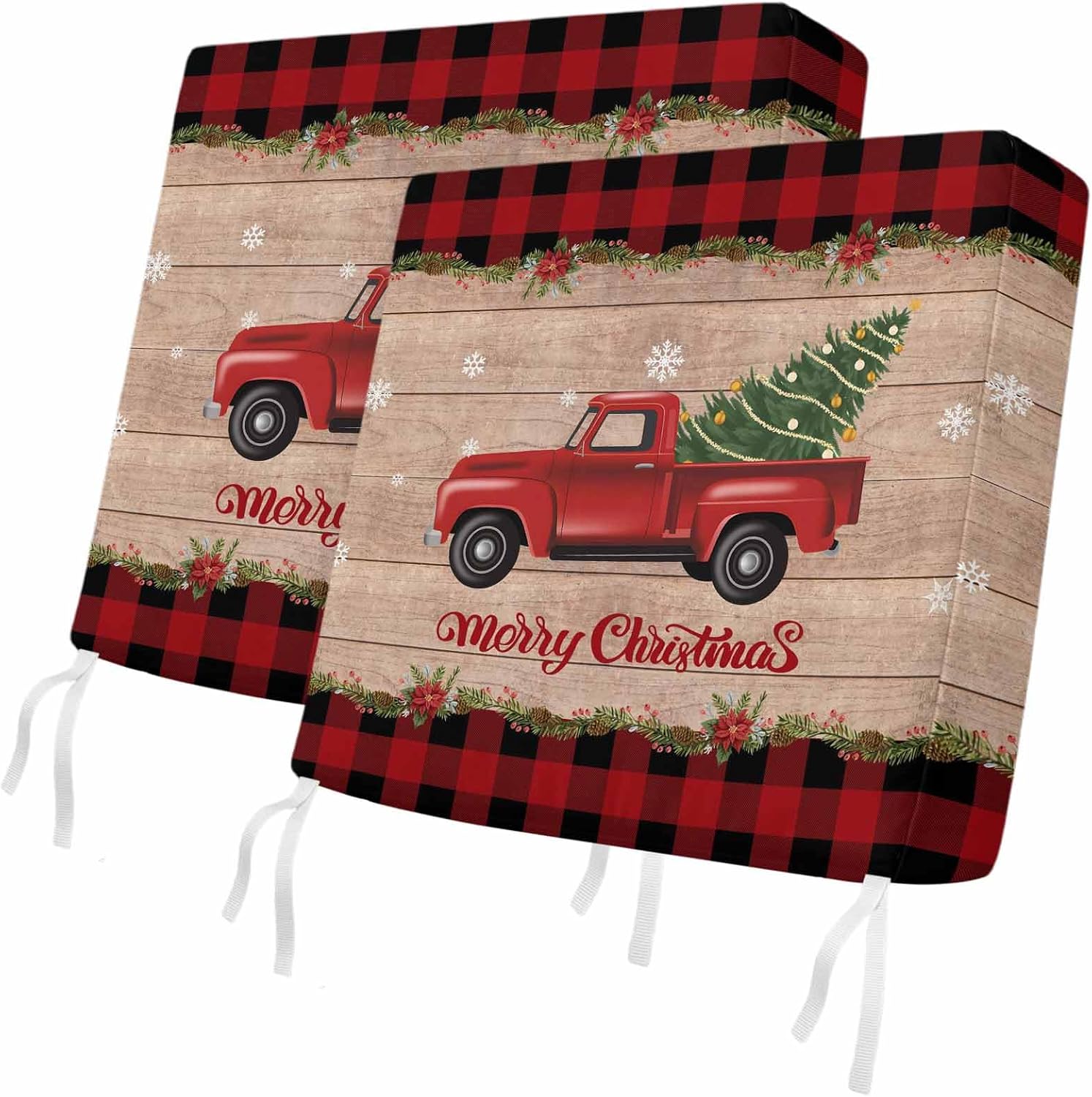 Outdoor Waterproof Cushion Covers Merry Christmas Red Truck on Wooden Replacement Seat Slipcover for Patio,Red Black Plaid Chair Couch Sofa Covers Furniture Protector Set of 2,22x20IN