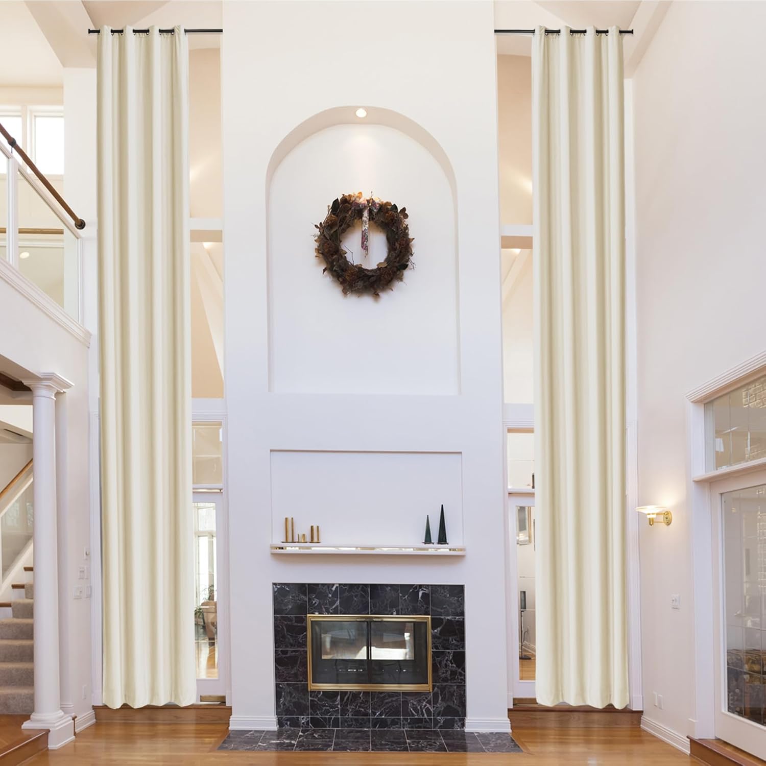 Fcosie Extra Long Velvet Curtains 10-24 ft Length for High Ceilings, Tall Velvet Curtains for High Living Room, Loft Drapes with Grommets Room Darkening Window Treatments (Beige White, 50"W x 180"L)