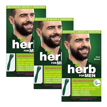 Herb For Men Mustache & Beard Dye, Dark Brown, 3 Pack, PPD-Free Ammonia-Free, Vegan with Natural Ingredients, Gentle for Sensitive Skin, No Skin Irritation