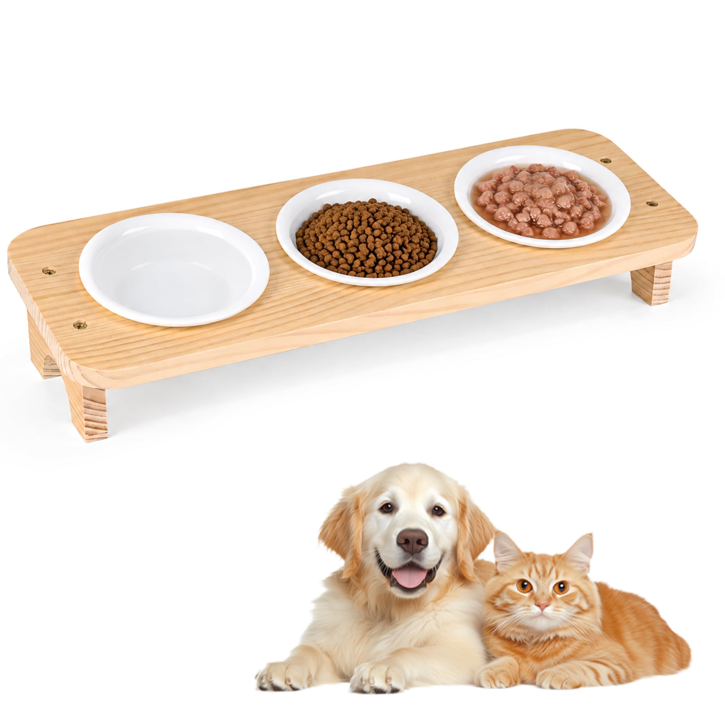 Cat Food Rack with 3 Ceramic Bowls 15 Degree Raised Tilted