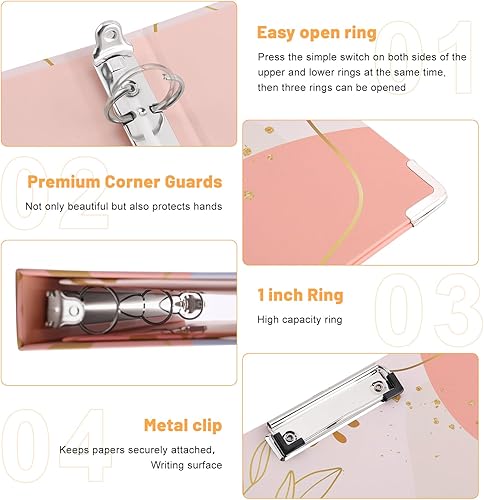 Miniatura 6 de Carpetas rosas de 3 anillos de 1 pulgada, 5 divisores con pestañas, portapapeles para papeles tamaño carta, bonitas carpetas para escuela, estética,