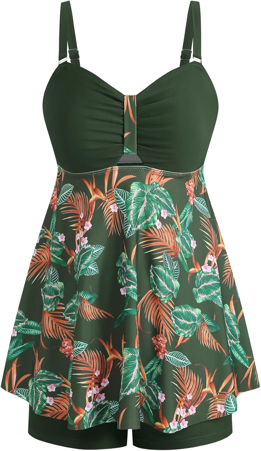 ZAFUL Tankini Swimsuits for Women Tummy Control Two Piece Modest Bathing Suits Floral Skirt Top with Boyshorts