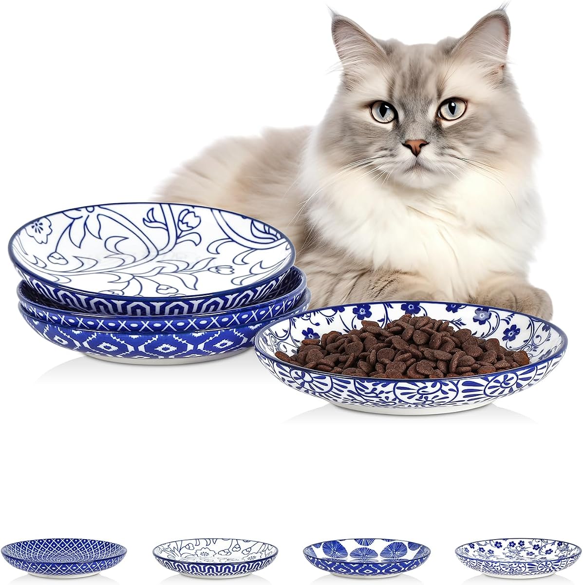Selamica Ceramic Cat Bowls, Set of 4, Vintage Blue | 6 Inch Wide Shallow Cat Food Bowl for Relief Whisker Fatigue