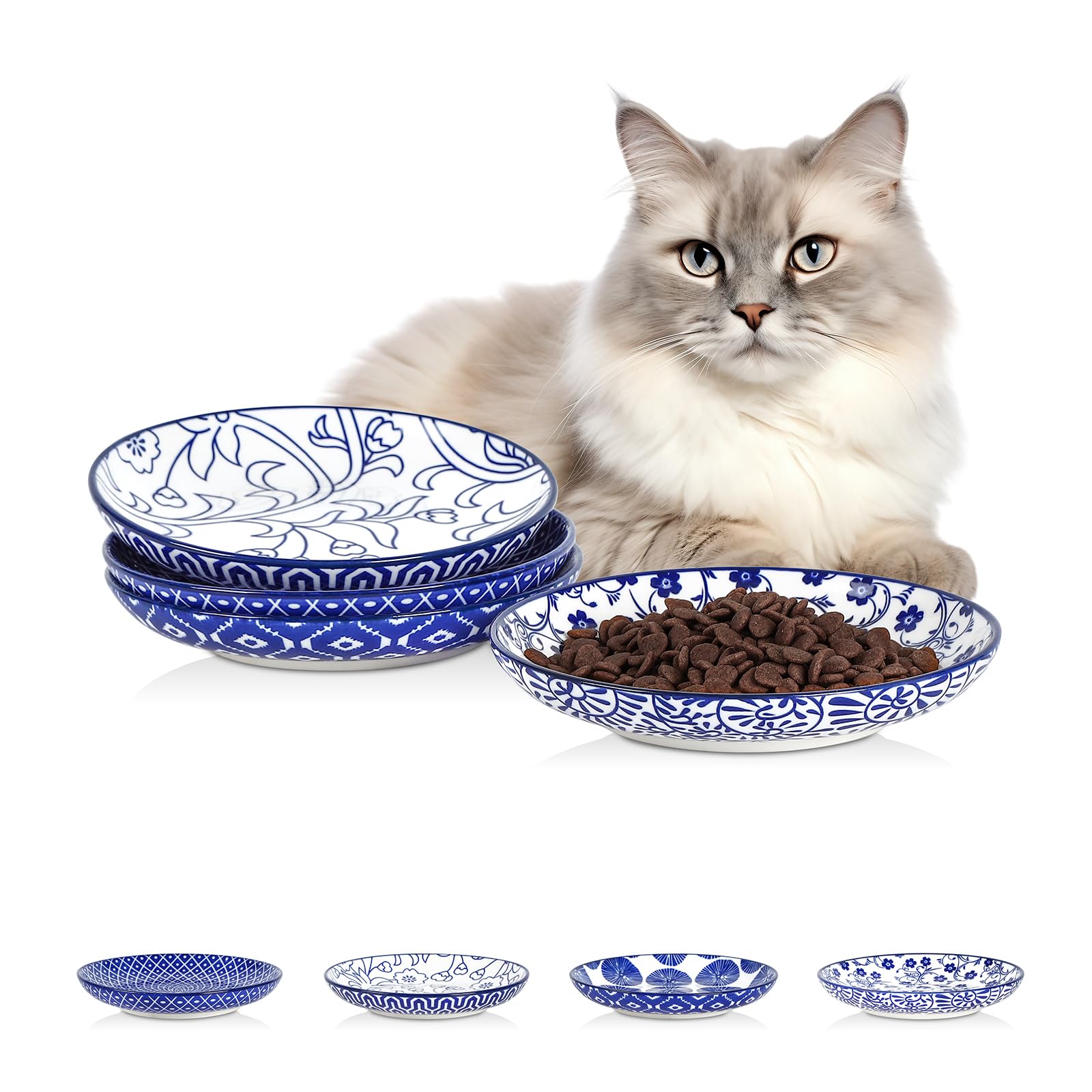 Gamelle céramique chat Selamica lot de 4 bols larges 15,2 cm bleu