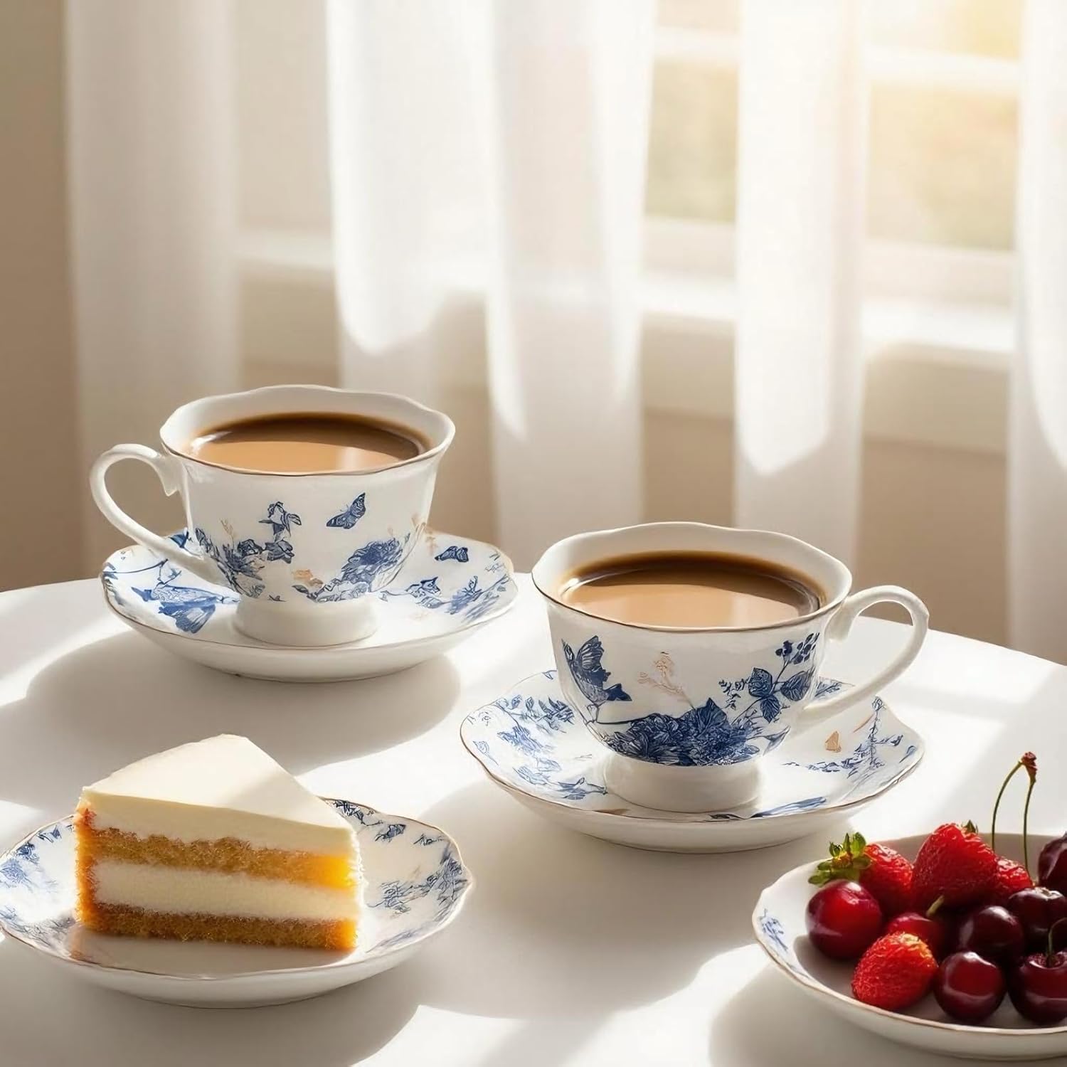 Tea Cup Set of 2, Coffee Cups with Saucers 7 Oz (200ml) Vintage Floral Porcelain with Gold Trim Teacups, Cappuccino Cup, Latte Mugs for Mother's Day, Party, Birthday Gifts - Image 3