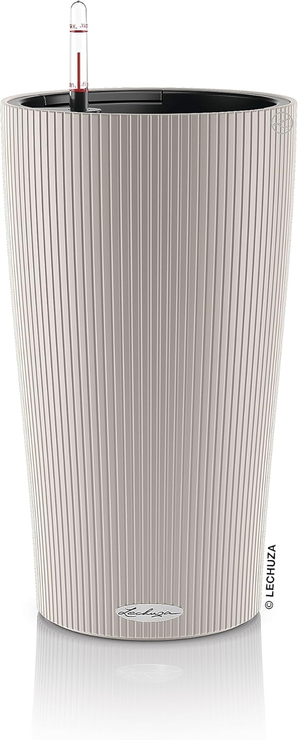 Lechuza CILINDRO Shade 23 Self Watering Planter Backyard Flower Plant Pot Plastic Indoor/Out of doors Flooring Planter with Drainage Gap D23 H41 cm Sand Brown