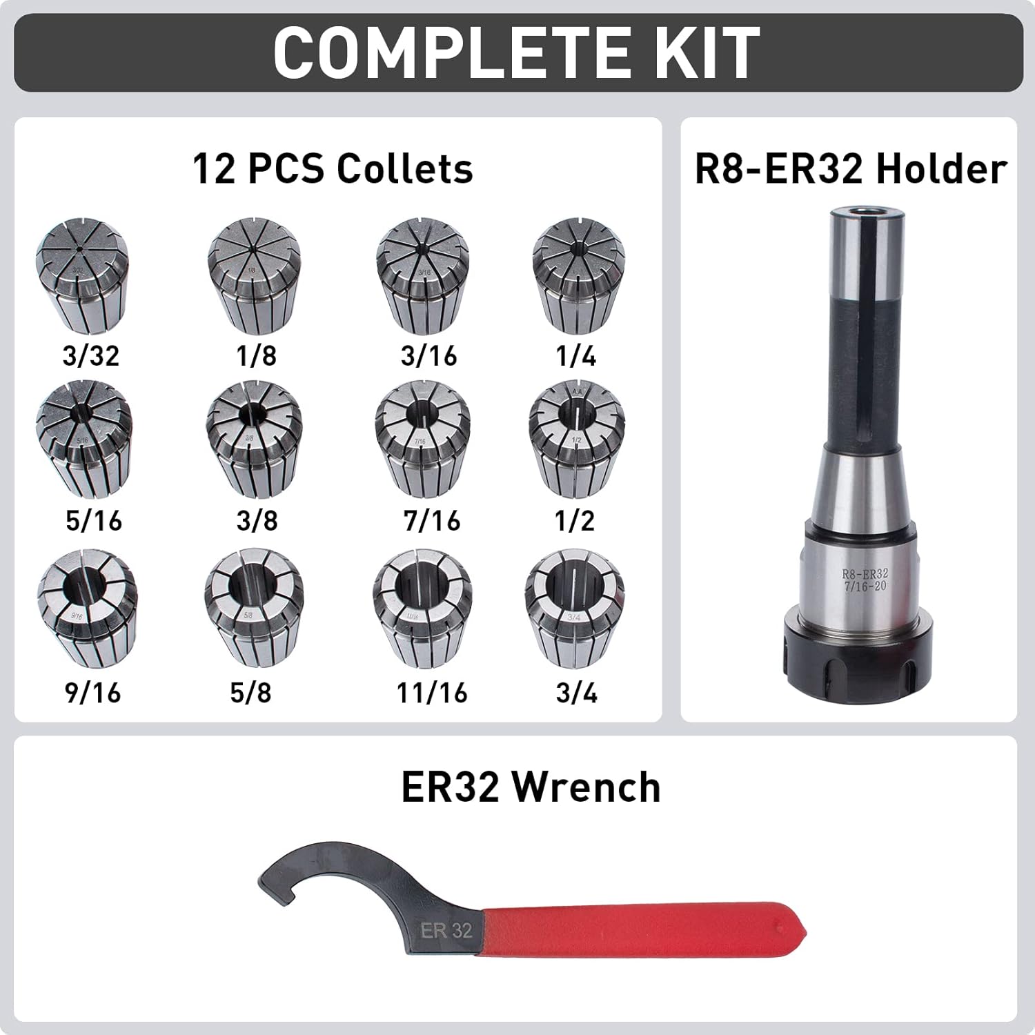 R8 Taper ER32 Collet Set, R8 ER32 Collet Holder Chuck Kit with 12 PCS Collets (0.0004'' Accuracy)