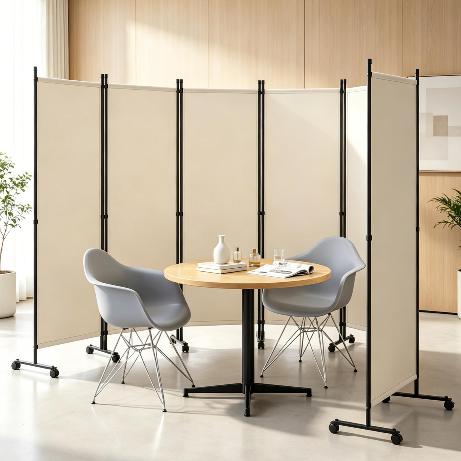LIFEZEAL Biombo Separador 6 Paneles con Ruedas, Plegable (Beige) | Estructura Metálica, Pantalla Privacidad para Hogar Oficina Terraza Jardín, 331.5x35.5x173 cm, Negro