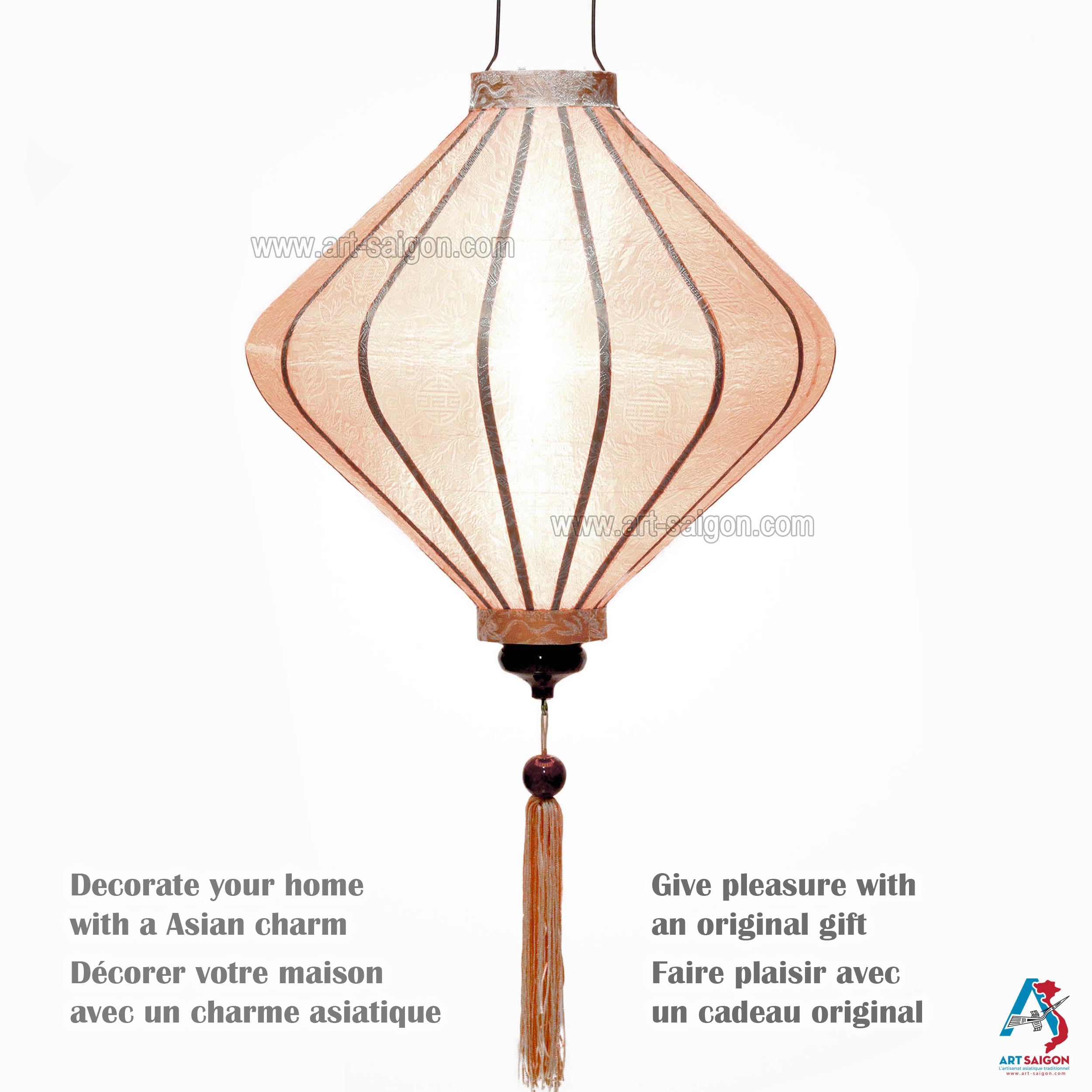 Lanterne Asiatique en Soie T Ø39cm, Couleur Champagne Rosé - Lampion Traditionnel de Hoi an en Tissu, Bambou et Bois - Artisanat et Décoration du Vietnam (T25-BE)