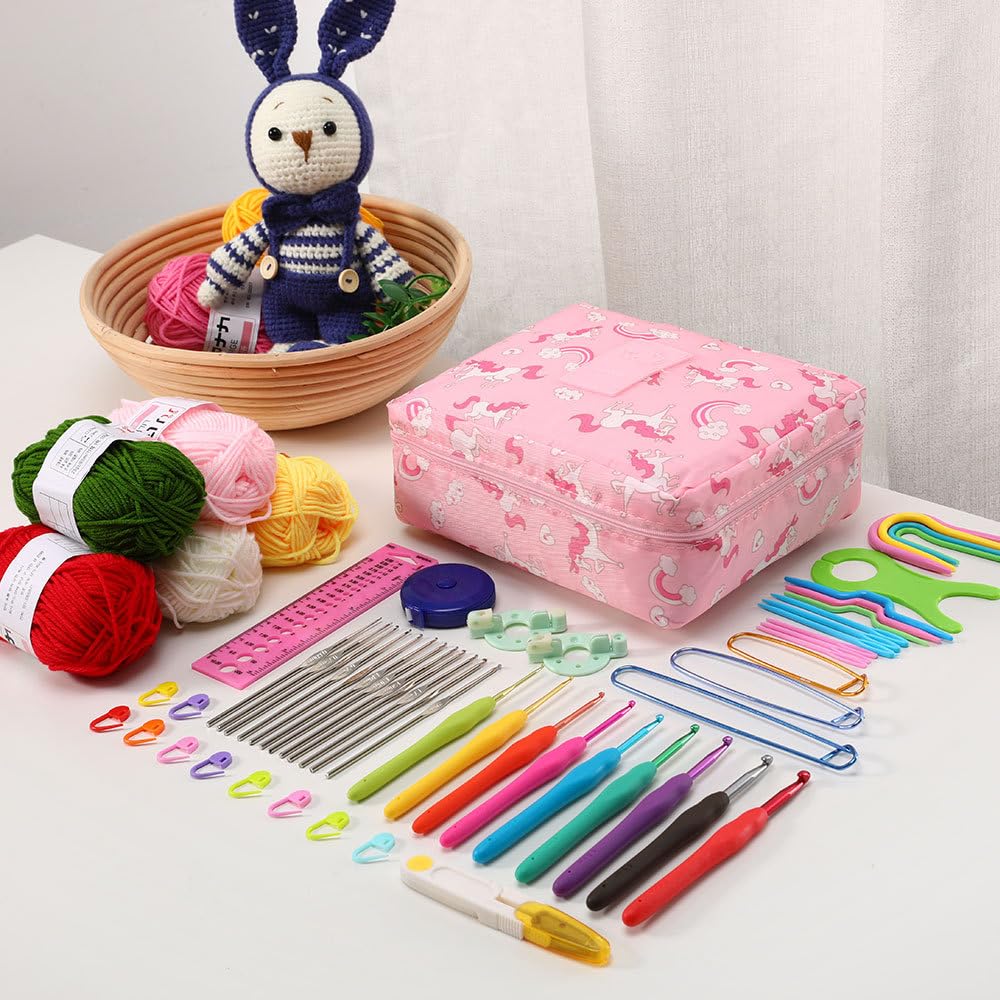 KIZAMI 59 Pezzi/Set Rosa 24 * 18 cm Kit per Principianti all'Uncinetto, Set Completo di uncinetti con Design ergonomico, Kit per Principianti di Filato, Principianti