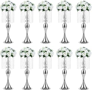 Sziqiqi Floral Centerpiece Riser Silver Tall Flower Centerpiece Stand with Crystal Beads for Event Party Wedding Reception Center Piece Floral Arrangements, Pack of 10 Silver 21.3â€™â€™/54cm
