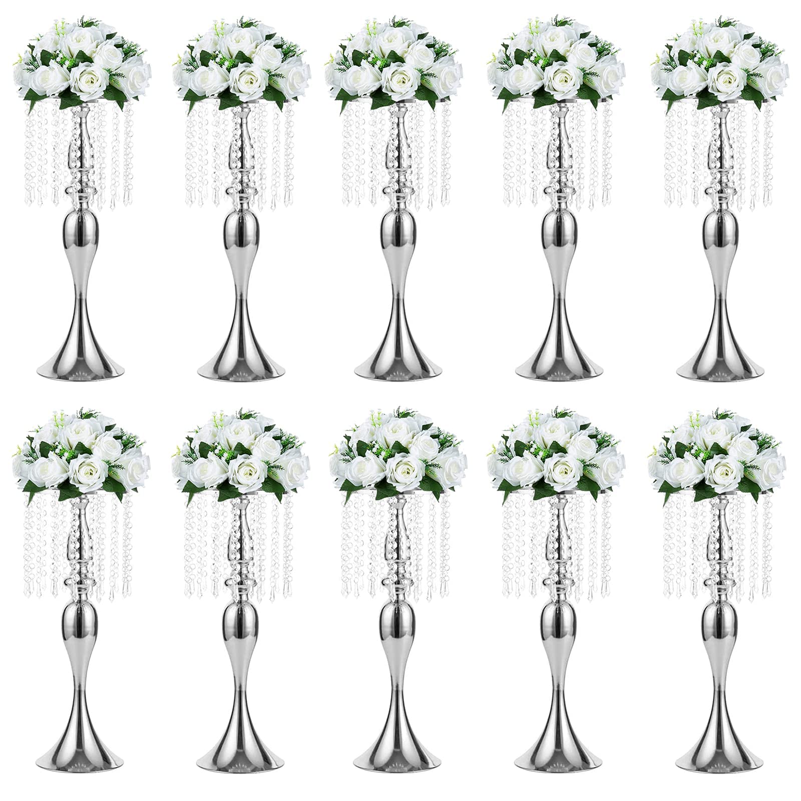 Photo 1 of Sziqiqi Floral Centerpiece Riser Silver Tall Flower Centerpiece Stand with Crystal Beads for Event Party Wedding Reception Center Piece Floral Arrangements, Pack of 10 Silver 21.3’’/54cm L x 10 Silver