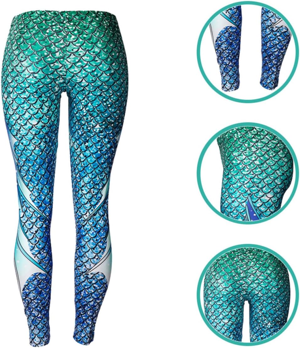 Printed Mermaid Scale Leggings, High Waist Stretch Pants Multi