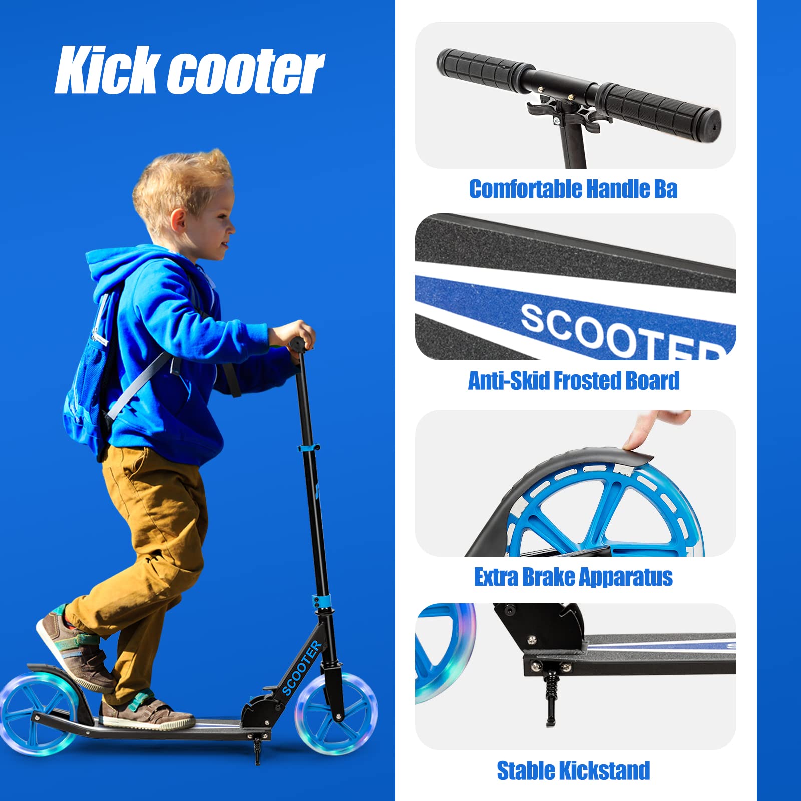 KOMFOTTEU Patinete Plegable para Niños y Adultos, Scooter con Manillar Altura Ajustable en 3 Niveles y 2 Ruedas Luminosas con Freno, Patinete Portátil con Carga de 110 kg