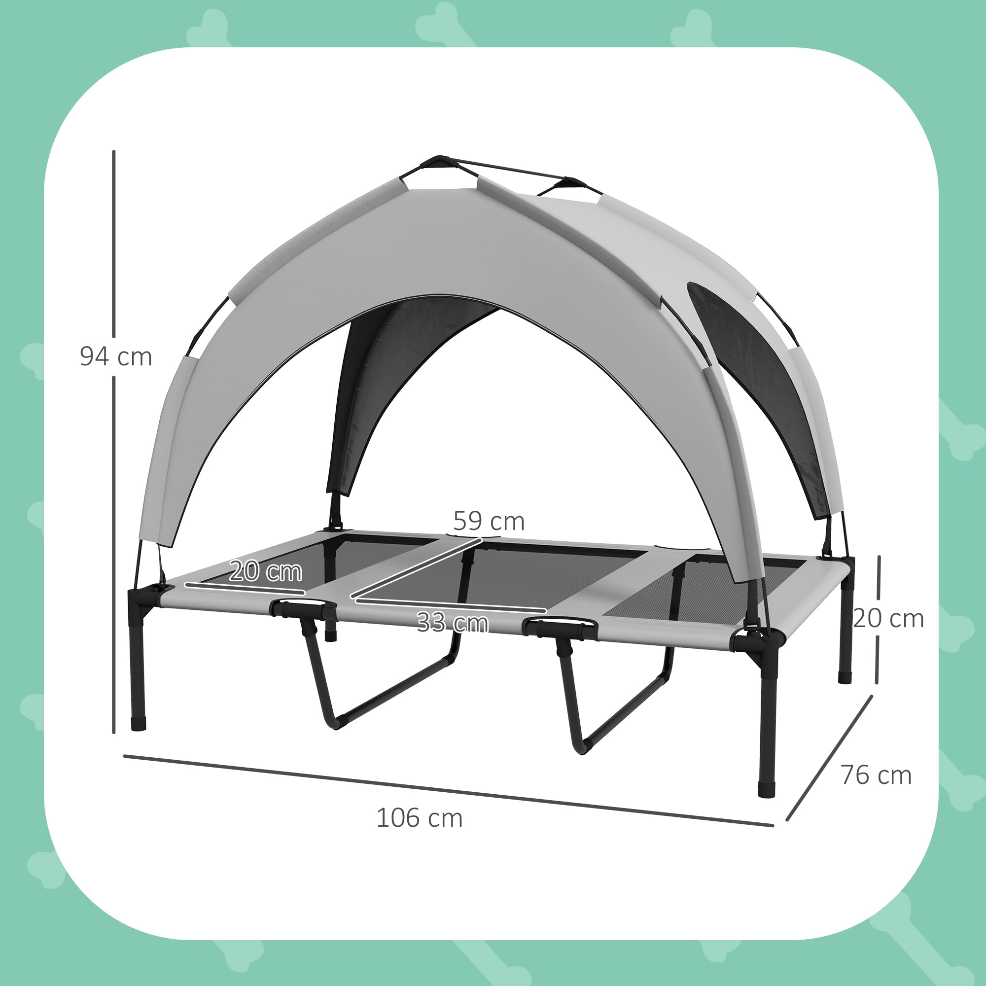 PawHut Lit Chien surélevé Camp Velum Taffetas Tissu textilène Micro-perforé Sac Transport Inclus 106 x 76 x 94 cm Gris