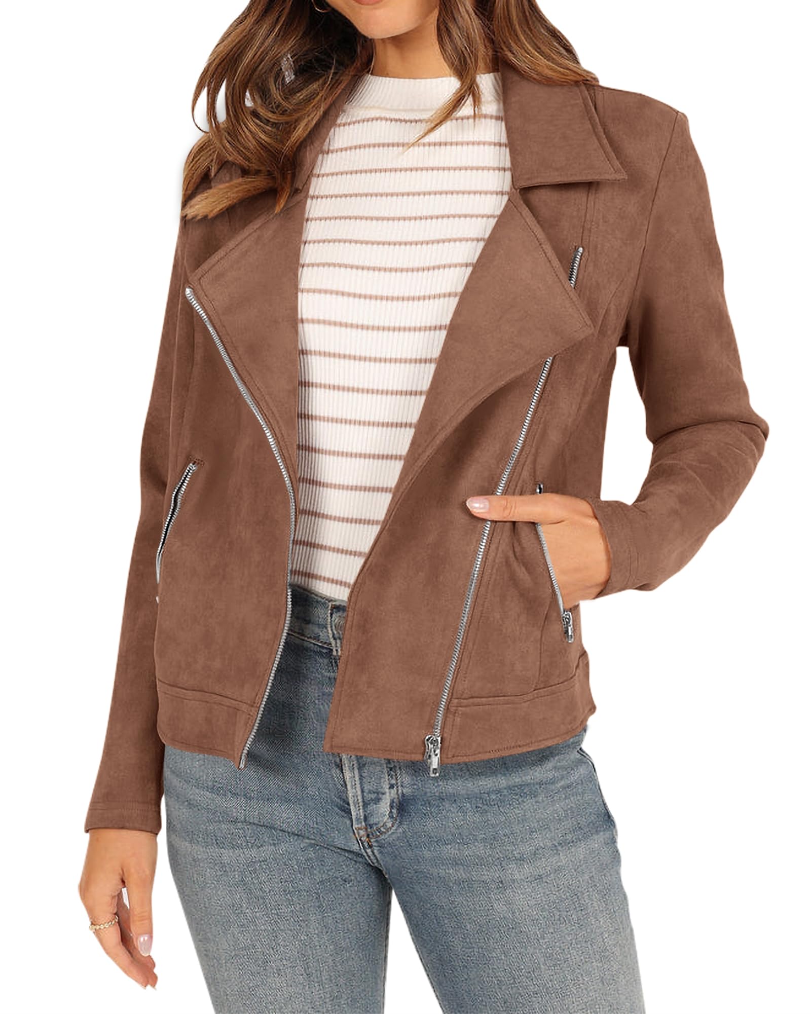 KIRUNDO Women's 2023 Fall Faux Suede Biker Moto Jacket Fashion Long Sleeve Zipper Short Casual Coats With Pockets