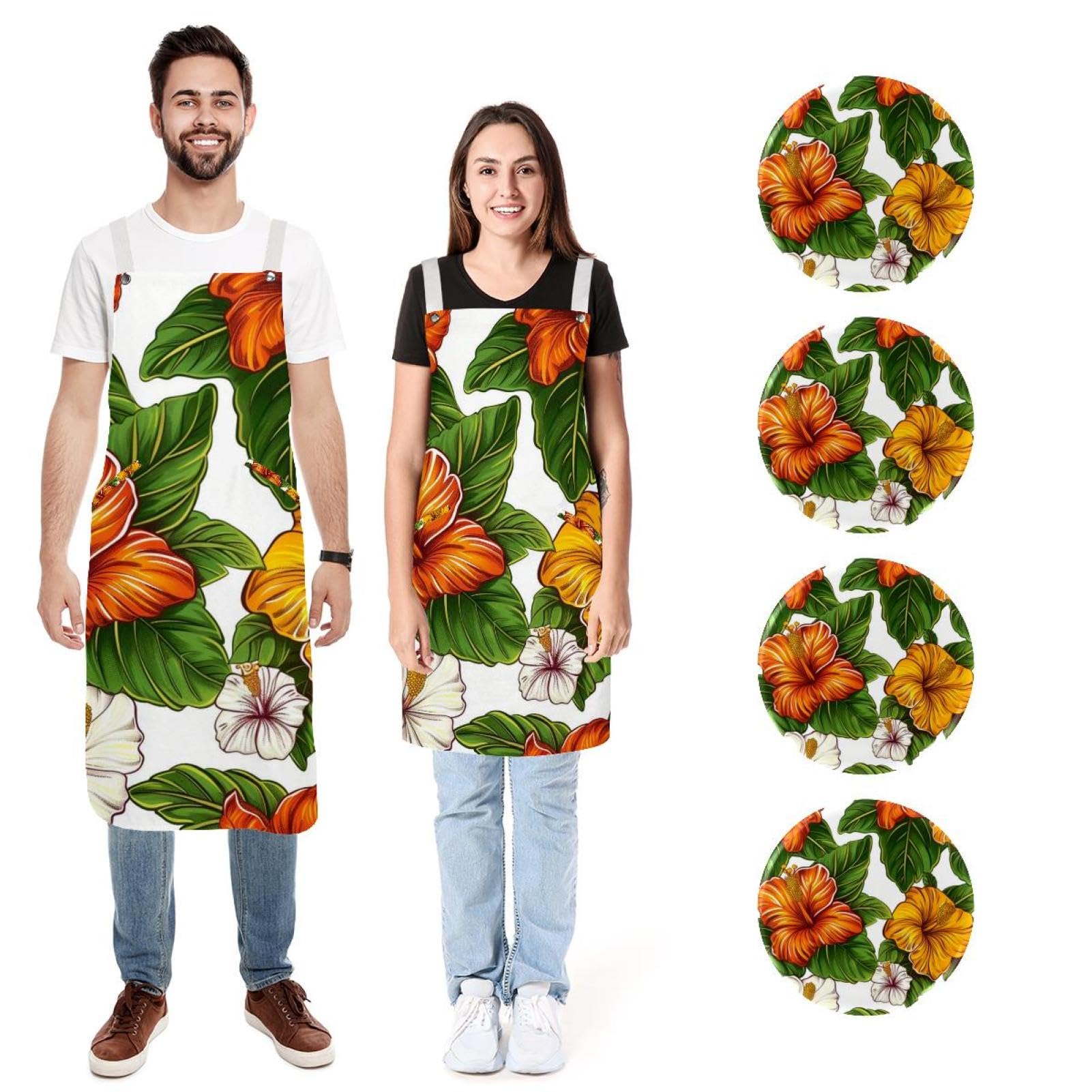 Lot de 2 tabliers de cuisine avec badge rond, motif fleur d'hibiscus vintage résistant à l'eau avec 2 poches, tabliers de cuisine pour homme et femme, Art Vintage Hibiscus Fleur,