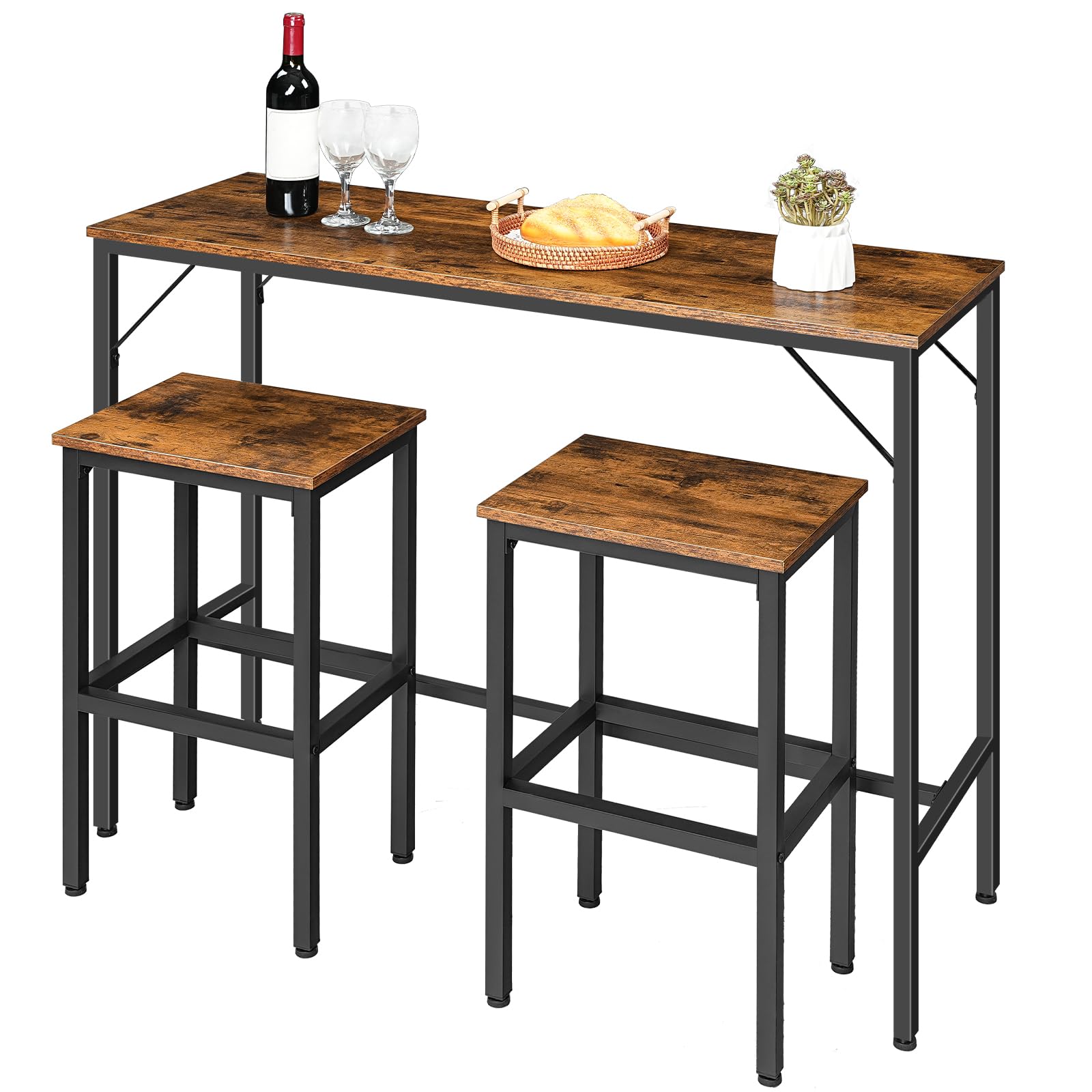 HOOBRO Juego de Mesa y 2 Taburetes de Bar, Estilo Industrial, Mesa de Comedor con 2 Asientos, 120 x 40 x 91 cm, para Sala de Estar, Cafetería, Cocina, Negro y Marrón Rústico EBF46BT01